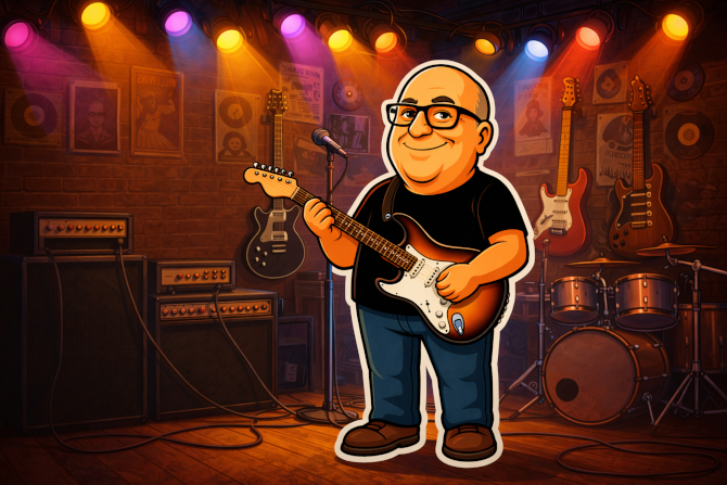 A caricature of myself, holding an electric guitar, with guitars, drums, amplifiers, in the background.