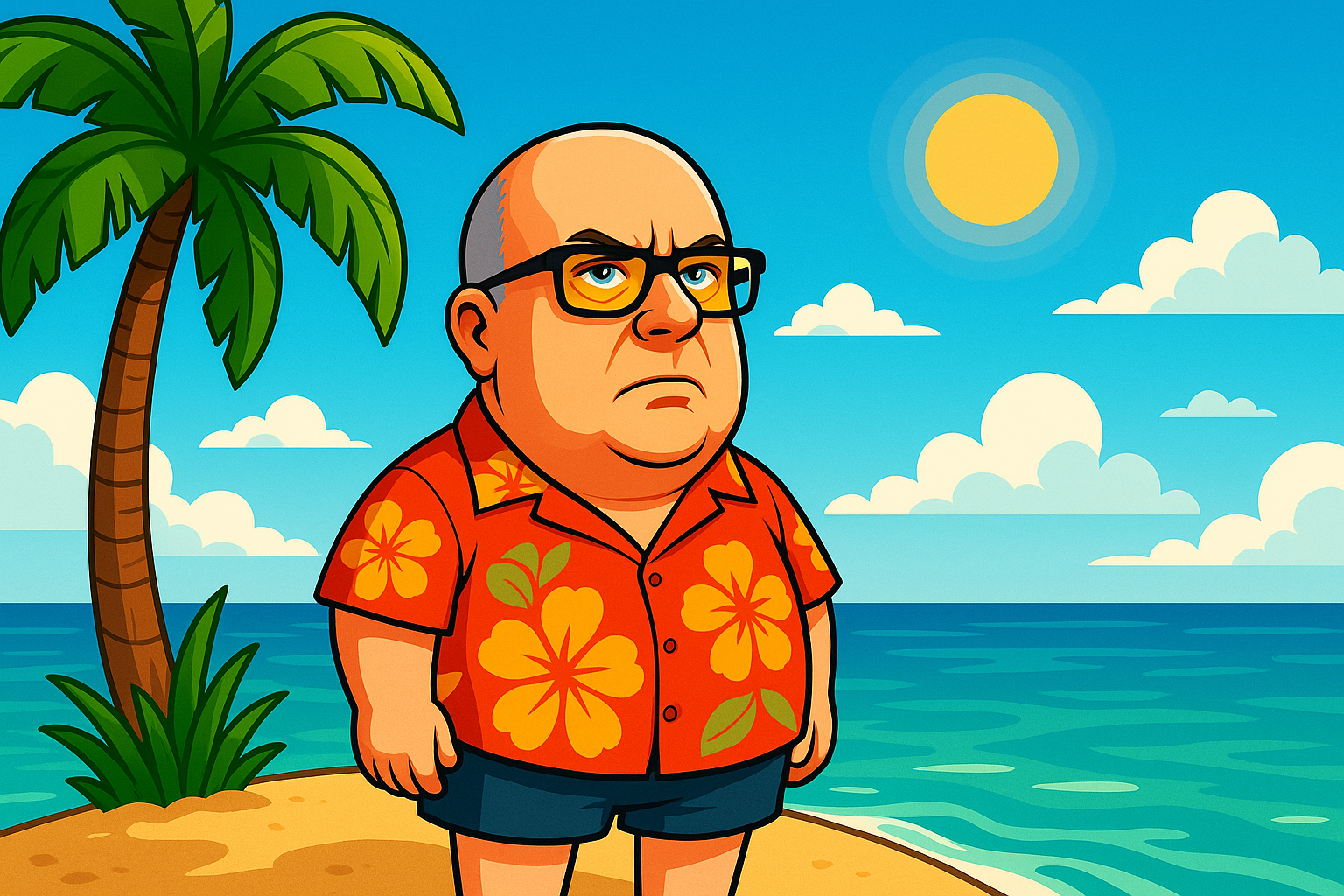 A caricature of myself, as a desert island castaway, looking out for a rescue aircraft.