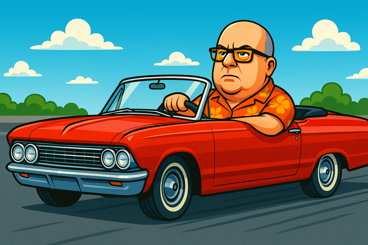 A caricature of myself, behind the wheel of a red convertible car.